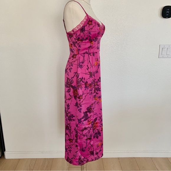 UO Purple Magenta Floral Tropical Print Satin Midi Side Slit Slip Dress - Picture 7 of 16